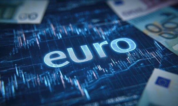 Glowing "euro" text on a digital graph overlaid with euro banknotes