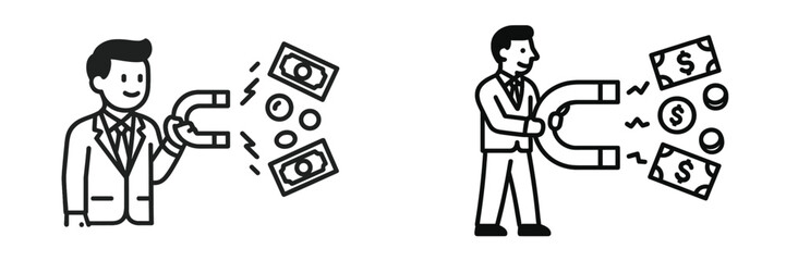 Businessman Attracts Money with Magnet, Minimalist flat design
