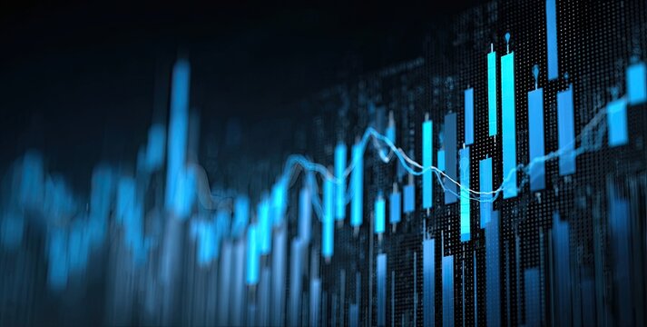 Abstract blue digital financial chart depicting market trends, data points, and fluctuating values on a dark background