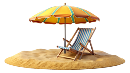 Beach chair and umbrella on sand isolated on transparent background, perfect for summer vacation and relaxation in a tropical paradise