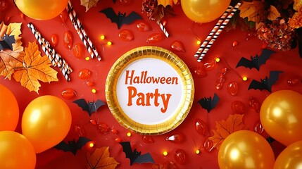A vibrant setup for a Halloween party featuring decorations like balloons, bats, and autumn leaves, encapsulating the spirit of the holiday in a playful ambiance.