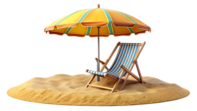Beach chair and umbrella on sand isolated on transparent background, perfect for summer vacation and relaxation in a tropical paradise