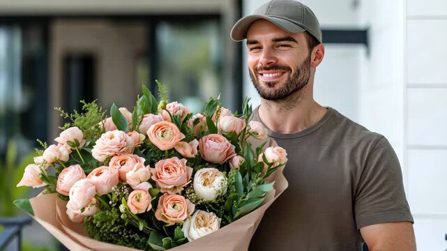 Smiling florist in cap presenting vibrant bouquet with confidence and charm