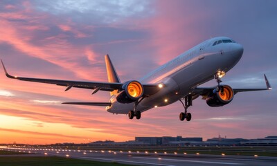 Obraz premium Jet plane landing at sunset over tarmac