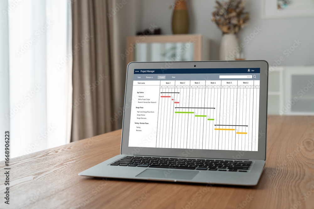 Aufkleber project planning software for modish business project management on the computer screen showing time