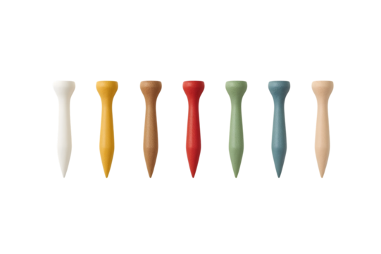 Colorful Golf Tee Lineup: A row of meticulously arranged golf tees in various vibrant hues, creating a visually captivating display of sporting gear against a smooth, plain background.