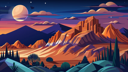 Naklejka premium Santa Fe, Jemez Mountains at Dusk with Crescent Moon Dusky skies embrace Jemez peaks, crescent moon glimmers softly above, mountains breathe ancient stillness, New Mexico’s desert soul glows with quie