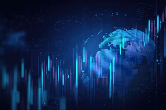 A stylized, digitized globe overlaid with vibrant, vertical data bars representing global market trends and fluctuations in a dark blue setting