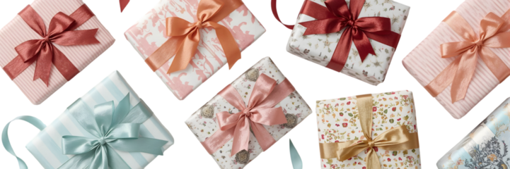 Gifts, Joyfully Wrapped: An assortment of beautifully wrapped gifts, each adorned with delicate ribbons, offers a captivating visual representation of festive cheer and thoughtful giving.