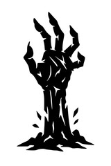 A stark, ominous hand reaching out of the earth, its gnarled fingers grasping, conveying a sense of dread.