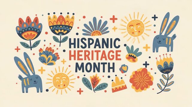 Celebrate hispanic heritage month with colorful flowers, suns, and rabbits in a festive folk art design hispanic heritage month