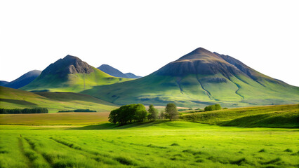 Fototapeta premium Rolling green hills and majestic mountains under a clear sky, showcasing the beauty of nature, isolated on transparent background