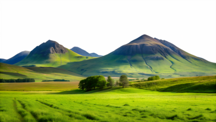 Rolling green hills and majestic mountains under a clear sky, showcasing the beauty of nature, isolated on transparent background