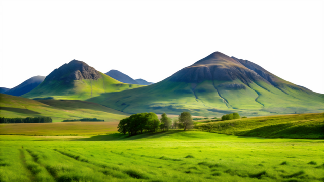 Rolling green hills and majestic mountains under a clear sky, showcasing the beauty of nature, isolated on transparent background