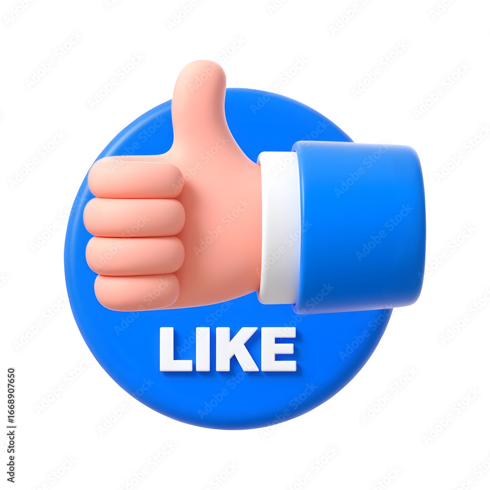 Poster 3d thumbs up like gesture icon with blue circle and white border isolated on transparent background