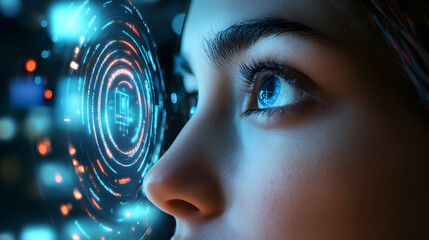 Close up of a woman's face with a digital interface overlayed on her vision and bright blue eyes
