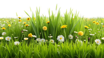 Beautiful meadow with green grass and colorful flowers isolated on transparent background, perfect for spring or summer themed designs and backgrounds