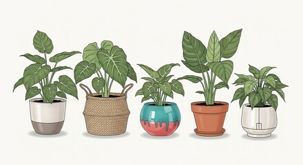 Fototapeta premium Indoor Green Houseplants in Colorful Decorative Pots on White Background