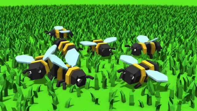 Bee Extinction Crisis: 3D Rendered Low Poly Bees Falling Dead on Flowerless Ground. Symbol of Environmental Collapse and Pollinator Decline.