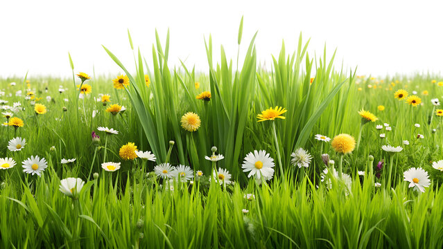Beautiful meadow with green grass and colorful flowers isolated on transparent background, perfect for spring or summer themed designs and backgrounds