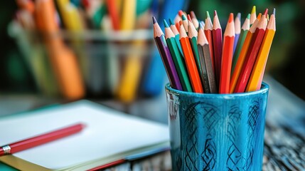 A vibrant collection of colored pencils in a decorative cup, with a notepad and a red pen nearby, set against a blurred background.