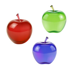 Three glossy apple icons. Shiny fruit illustration health nutrition nature art. Food juice cooking education web design. Glossy style white background vector illustration