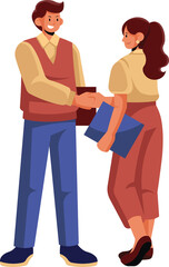 Two smiling colleagues, a man and a woman, shake hands while holding documents, signifying a successful business agreement or partnership.