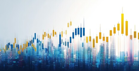 Abstract cityscape overlaid with dynamic candlestick charts, suggesting financial market growth and urban development