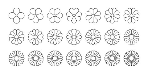 Flower petal shape icons set. Infographic circle diagram. Pie simple chart. Flower leaves geometric graphic element. Round wheel chart. Line vector illustration isolated on white background.