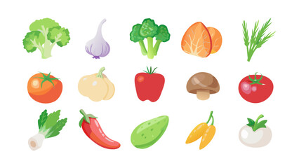Illustration of various fresh vegetables including broccoli garlic tomatoes and other garden produce