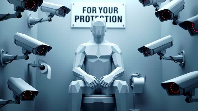 4K 3D Rendered Person on Toilet in Privacy Dystopian Surveillance State Surrounded by CCTV Spy Cameras