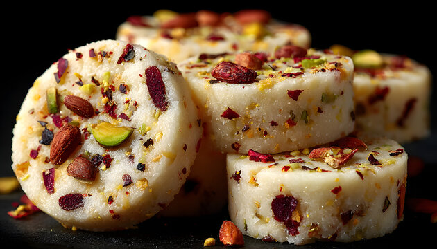 realistic photography of round indian sandesh premiu sweets in piles front vie with plain black backgroud