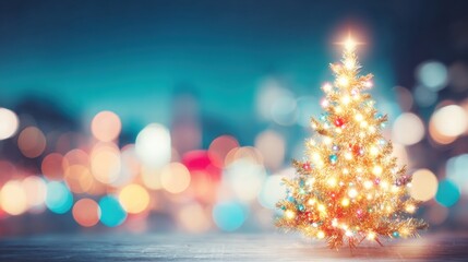 Brightly lit Christmas tree stands against a blurred festive background at night