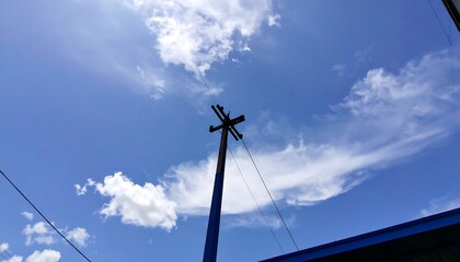 Pole with wires against sky