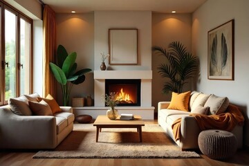 Cozy living room interior with comfortable furniture, warm lighting, and inviting decor Perfect for relaxation and family gatherings , warm, aesthetic