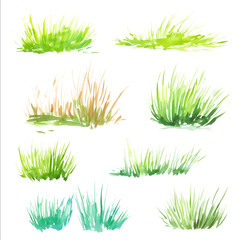 watercolor patches of grass varying colors and hight white background clipart style.