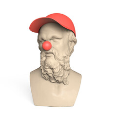 Statue of Socrates, bust of Socrates with a red clown nose and hat. 3D rendering.