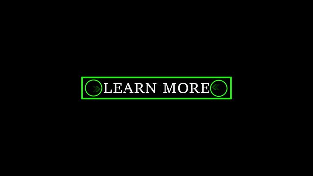 Glowing white text cursor animation. design is learn more button vector sign, symbol, pointing towards download button in looping with transparent background.4k,video black background,