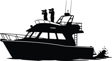 Obraz premium Silhouette of a Motor Yacht with Two People Observing Through Binoculars boat ship