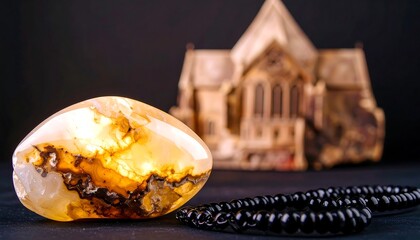 Polished agate with rosary and church model