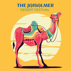 Colorful vector illustration of a decorated camel for Jaisalmer Desert Festival in Rajasthan, India. Perfect for travel, culture, and traditional event designs