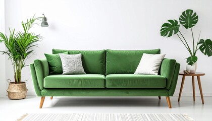 Green velvet tufted sofa with rolled arms and wooden turned legs, placed against a minimalist white wall with a potted plant