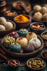 A delightful collection of Indian sweets for Diwali r any festive occasion, feturing a variety of colorfl and tasty treats.