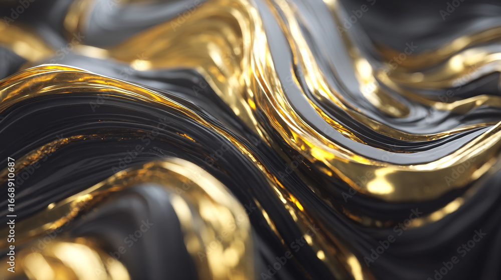 Poster abstract flowing black and gold liquid with wavy patterns and reflective surface in macro close up v