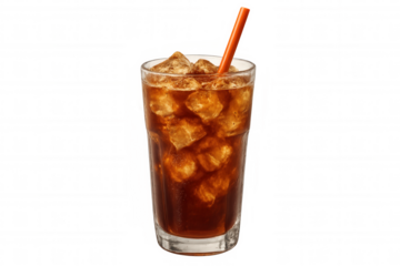 Chilled coffee beverage with ice cubes, transparent background, bright orange straw highlighting cool summer drink