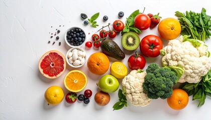 Colorful assortment of fresh fruits, vegetables, seeds, and nuts arranged on a white background