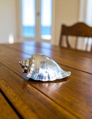 Polished seashell on wooden table (1)