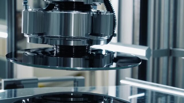 Detailed Close Up Perspective of Automated Robotic Arm Actively Engaged in the Fabrication Process of Silicon Wafers Within High-Tech Clean Room Production Environment