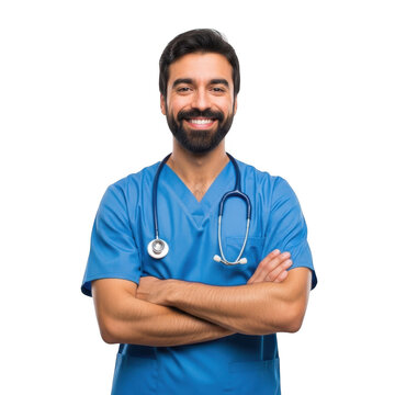 Smiling male healthcare professional wearing blue scrubs with stethoscope isolated on transparent background