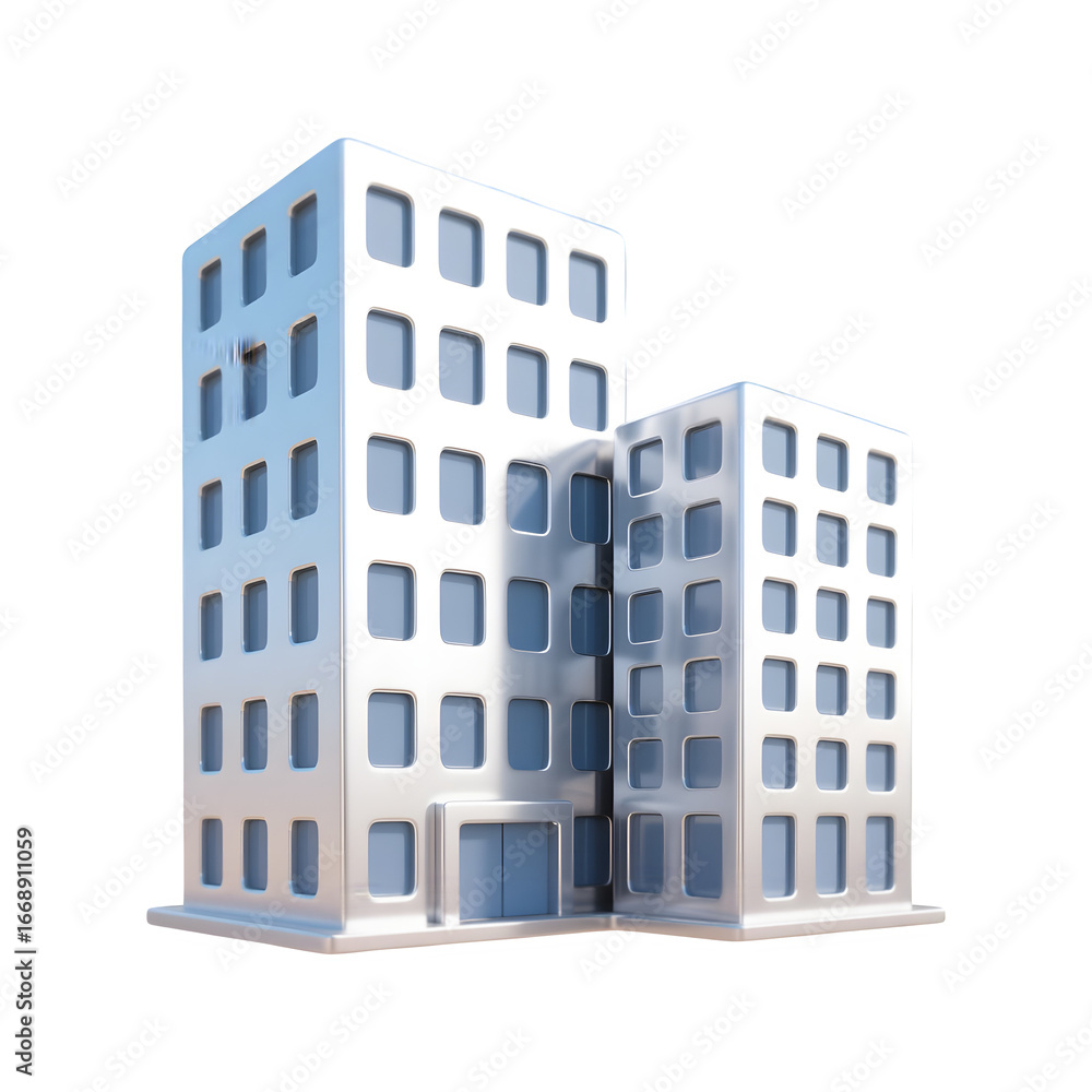 Aufkleber modern three dimensional office building structure rendered on a clean white background with subtle 